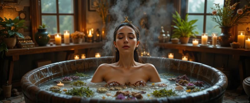 Pessoa em banho de ervas em ambiente espiritual, cercada por velas e símbolos de proteção.
