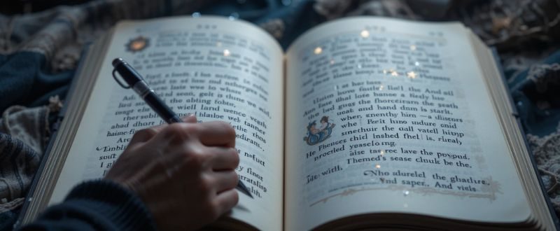 Pessoa escrevendo experiências espirituais em diário com símbolos místicos surgindo nas páginas.