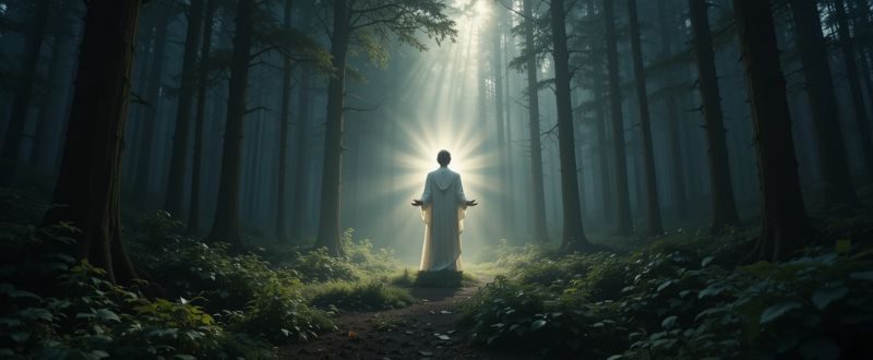 Figura luminosa de luz em uma floresta escura, irradiando paz e esperança.