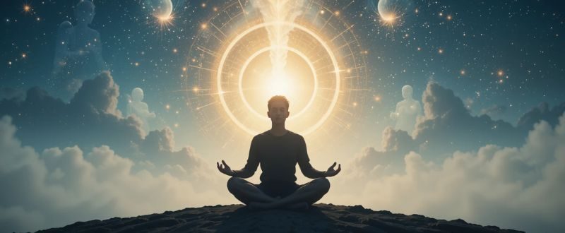 Pessoa em meditação rodeada por luz de seres dimensionais.