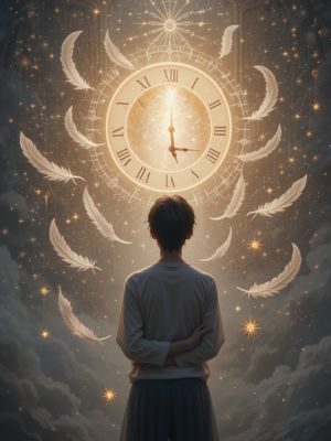 Relógio marcando 11:11 com penas e luzes ao redor.