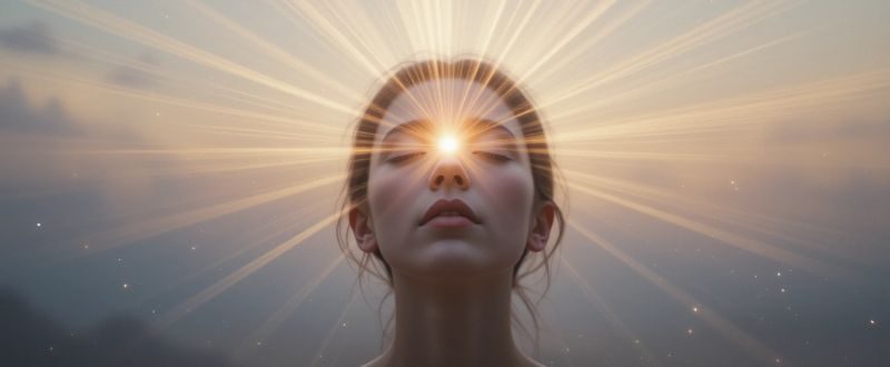 Pessoa com terceiro olho iluminado recebendo luz espiritual.