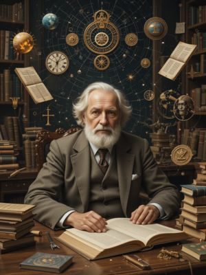 Carl Jung em sua mesa com livros e símbolos flutuando ao redor, representando a criação da teoria da sincronicidade.