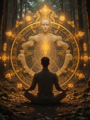 Pessoa meditando em meio à floresta com números e padrões de luz ao redor, simbolizando sincronicidades espirituais.