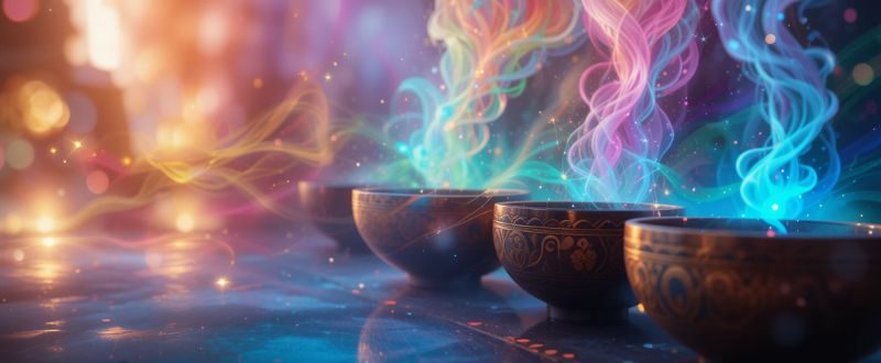 Tigelas tibetanas emitindo ondas sonoras coloridas durante meditação, representando o som como ferramenta sutil para a cura espiritual.