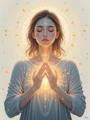 Pessoa com as mãos no coração e olhos fechados, rodeada de brilho suave, simbolizando o poder da intenção na cura espiritual.