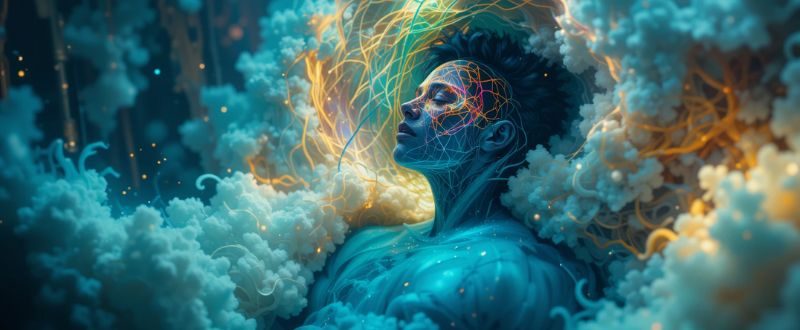 Pessoa consciente dentro de um sonho colorido e vívido, simbolizando sonho lúcido.