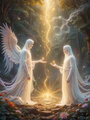 Ser luminoso encontrando um guia espiritual em um jardim astral iluminado durante um sonho lúcido.
