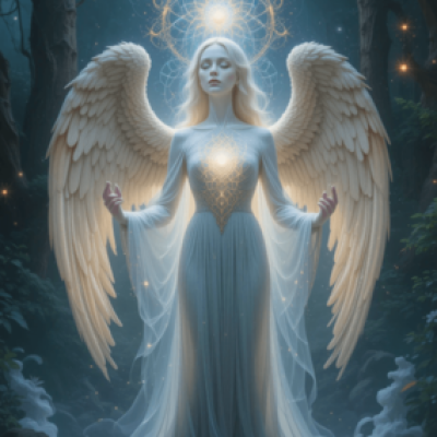 Anjo celestial com asas detalhadas e expressão serena, envolto por luz dourada e branca