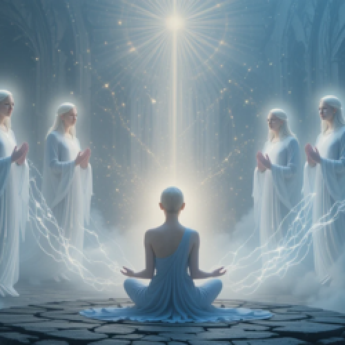 Seres de luz com formas humanoides feitas de pura energia luminosa, irradiando paz e serenidade.