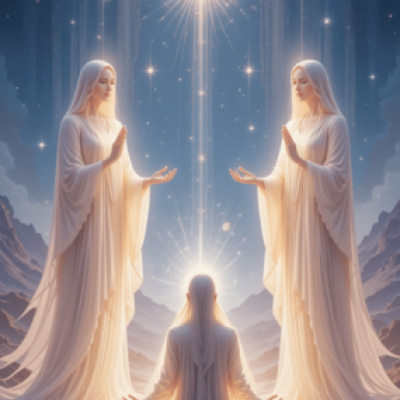 Figura realista de guias espirituais com aparência humana, envoltos por uma aura luminosa suave