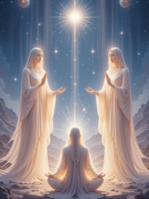 Pessoa meditando com luz dourada suave acima, simbolizando contato com seres de luz.