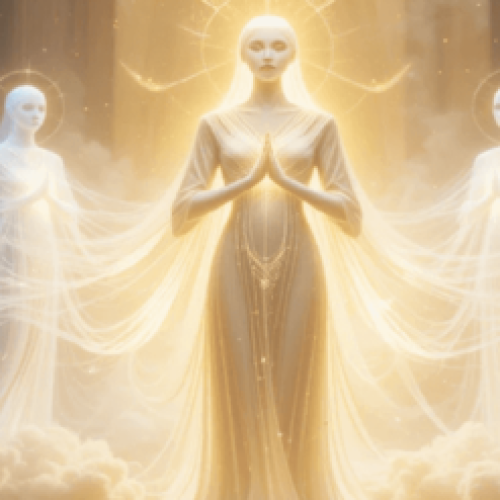 Seres dimensionais luminosos em um ambiente celestial com aura de paz e sabedoria.