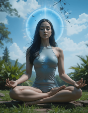 Mulher meditando num lindo jardim com aurea azul sobre sua cabeça, buscando expandir sua consciência e sua percepção do mundo astral.