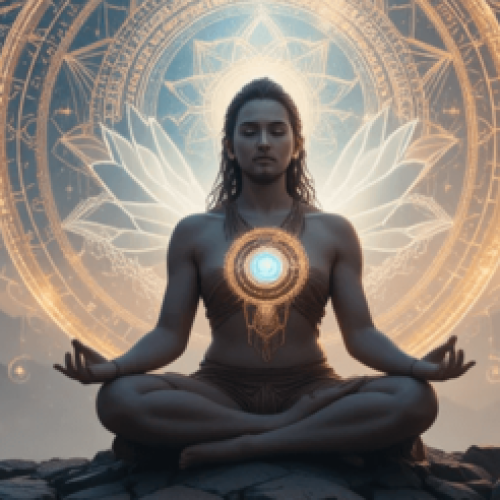 Uma serena obra de arte digital de uma figura sábia meditando sob um céu cósmico, cercada por símbolos espirituais ancestrais como a flor de lótus, o ouroboros, os chakras e a geometria sagrada. Luzes suaves e brilhantes, atmosfera mística, representando filosofias espirituais e a jornada da alma. Ideal como imagem de capa de blog.