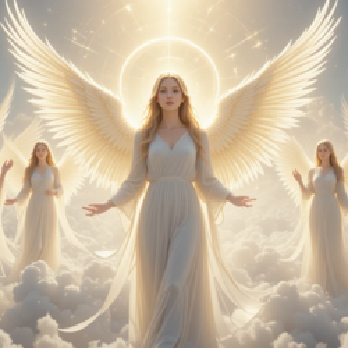 Seres dimensionais angelicais com asas luminosas, aparência celestial, rostos serenos, vestes brancas brilhantes, cercados por luz dourada e flutuando em um céu etéreo com nuvens suaves — arte digital realista, atmosfera sagrada, energia divina e pacífica