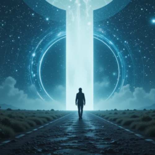 Uma pessoa caminhando em direção a um portal de luz no espaço, simbolizando o despertar interior e a ativação pineal, estilo sonhador.